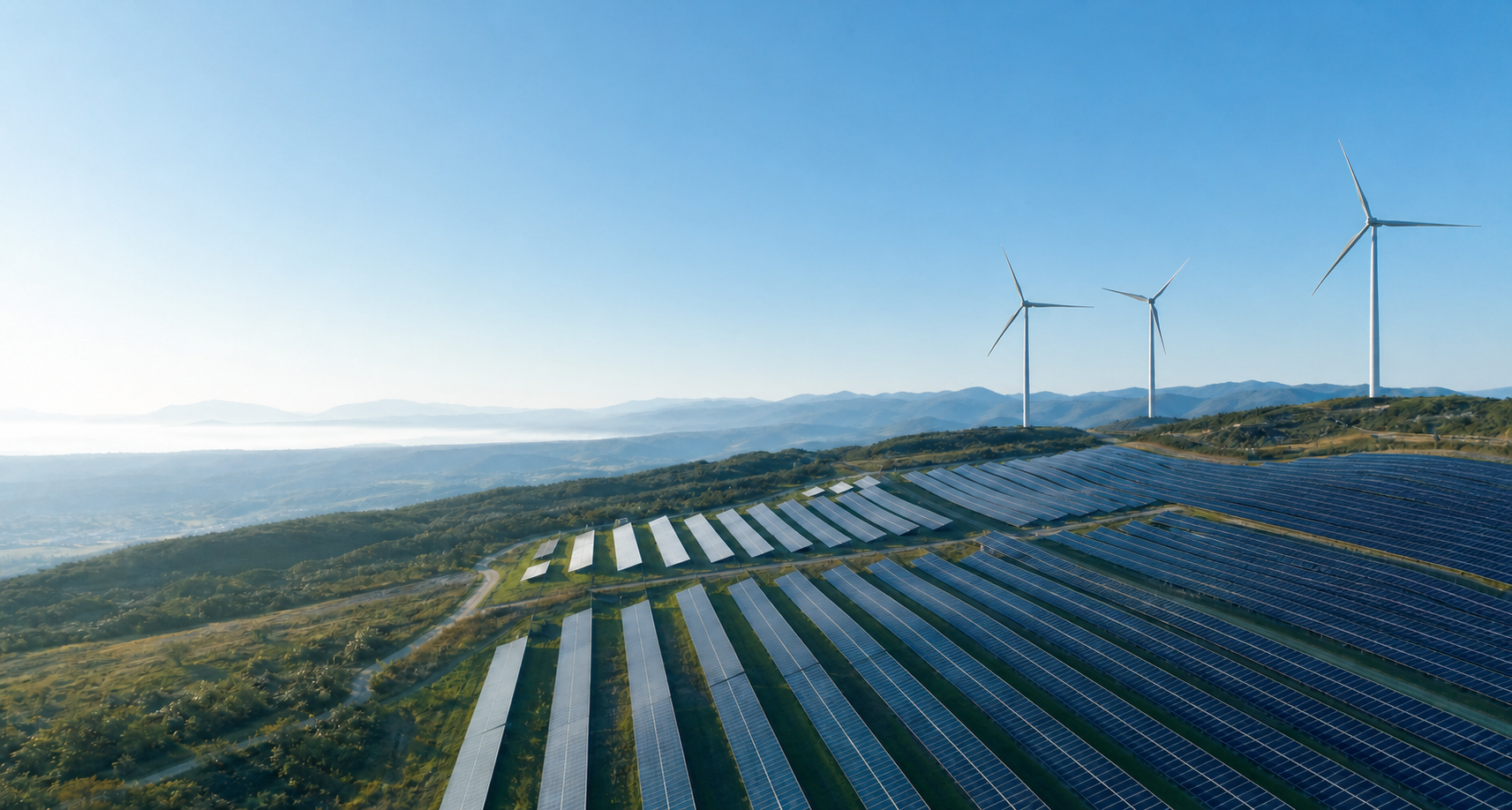 Solar panels and wind turbines beneath a clear blue sky; illustrative renewable-energy landscape