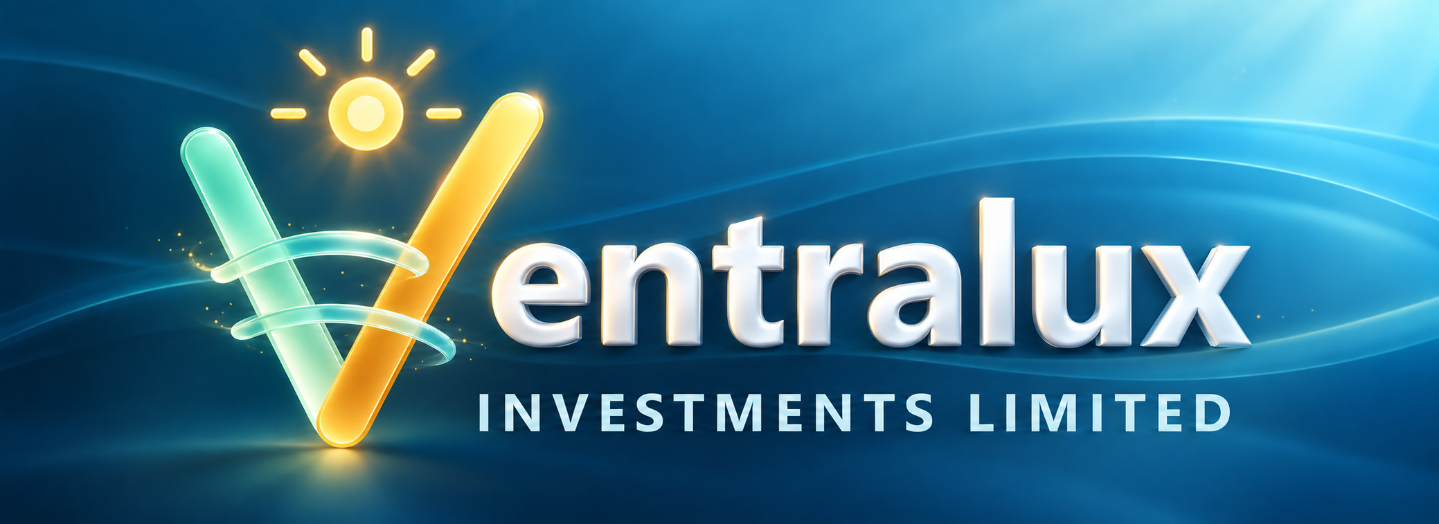 Ventralux Investments Limited — illuminated mint and gold emblem with pearl-white lettering